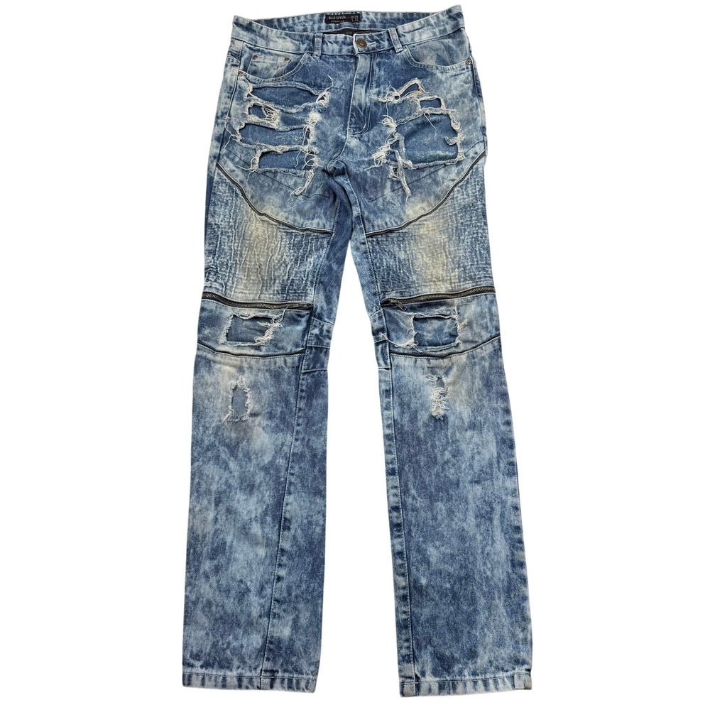 Blue Seven Denim Lab Mens 36x34 Distressed Moto Acid Wash Straight Jeans Blue - Picture 2 of 13
